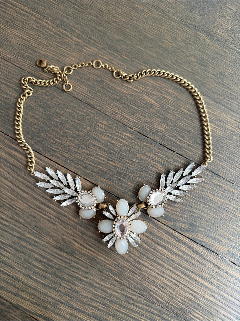 Gold Plated White and Grey Stone Statement Necklace with Art Deco Vibes